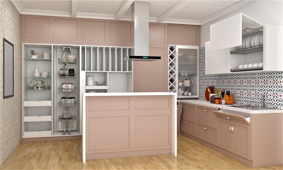 Stylish luxury modular kitchen cabinet with custom layouts, mixed finishes, and elegant glass-front displays.