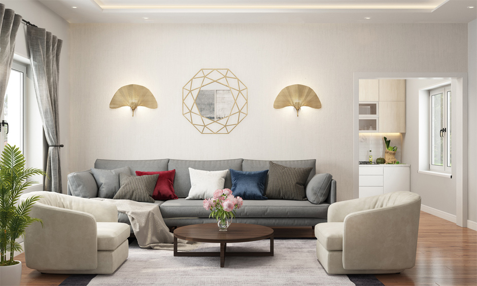 Minimalist drawing room colour combinations in grey and cream complement various decor accents