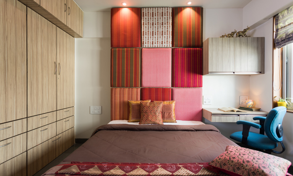 Modern bed headboard cushion designs in various patterns and colours create a harmonious blend