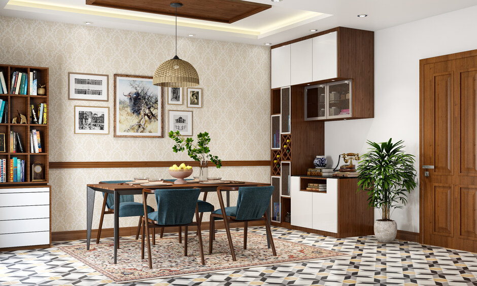 Modern wall-mounted crockery unit features an attached wine/bar cabinet.