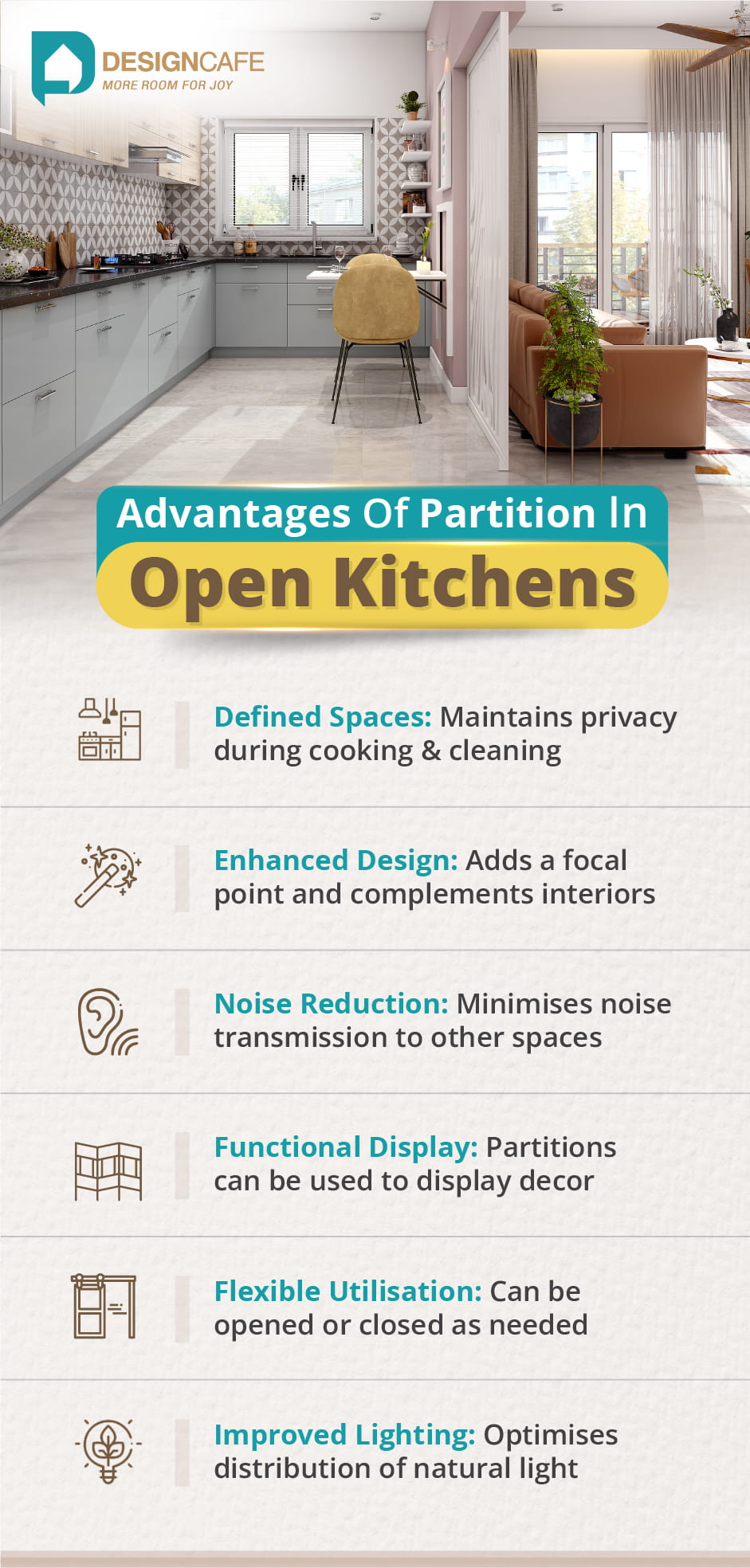 Open kitchen partition benefits: defined spaces, enhanced design, flexible utilisation and improved lighting