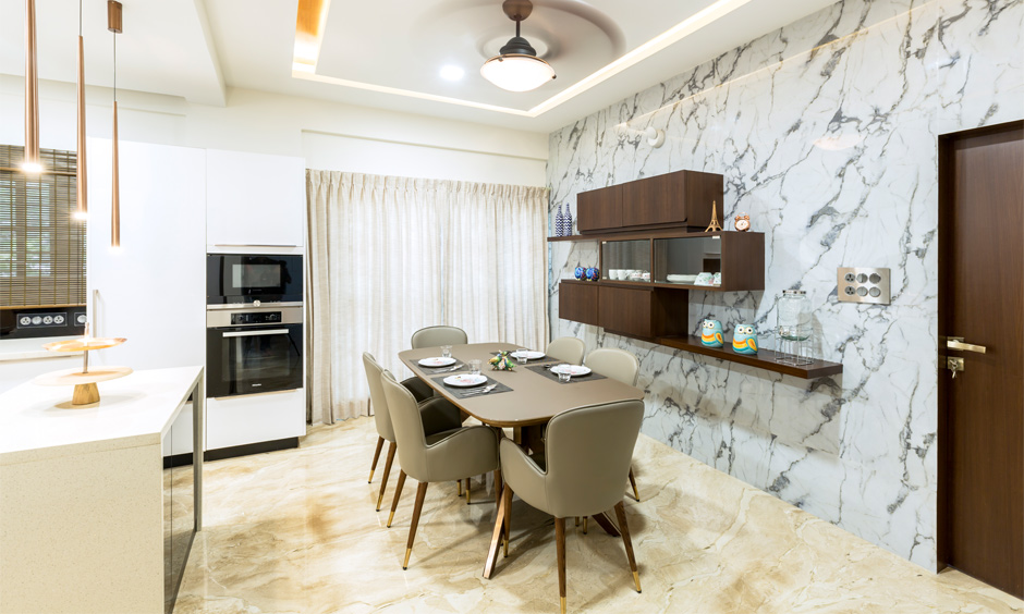 Dark wood wall hanging crockery unit in rectangular shape.