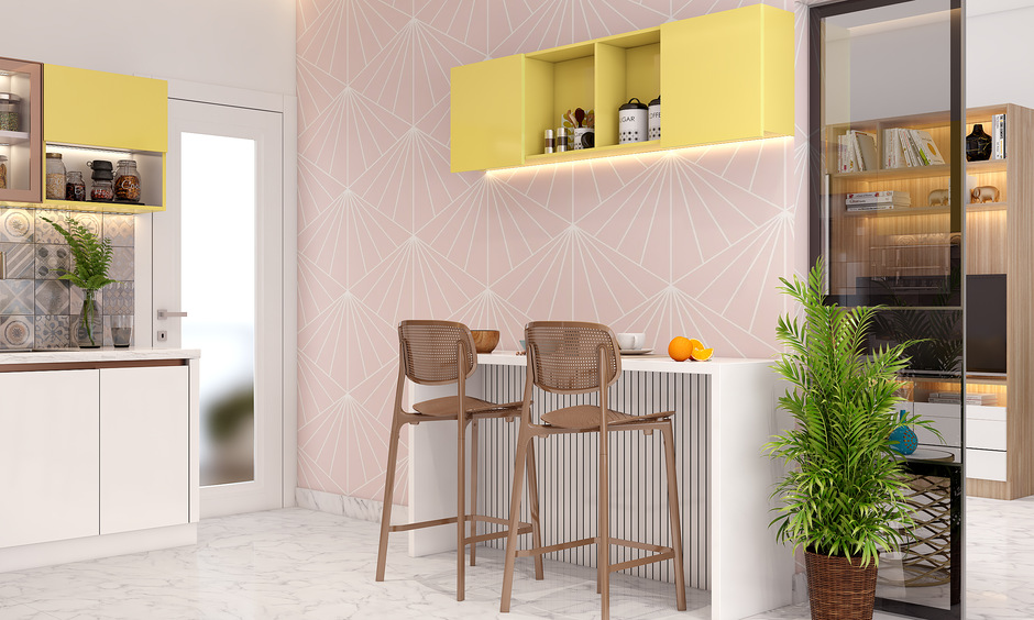 Simple wall-mounted crockery unit design doubles as a storage cabinet.