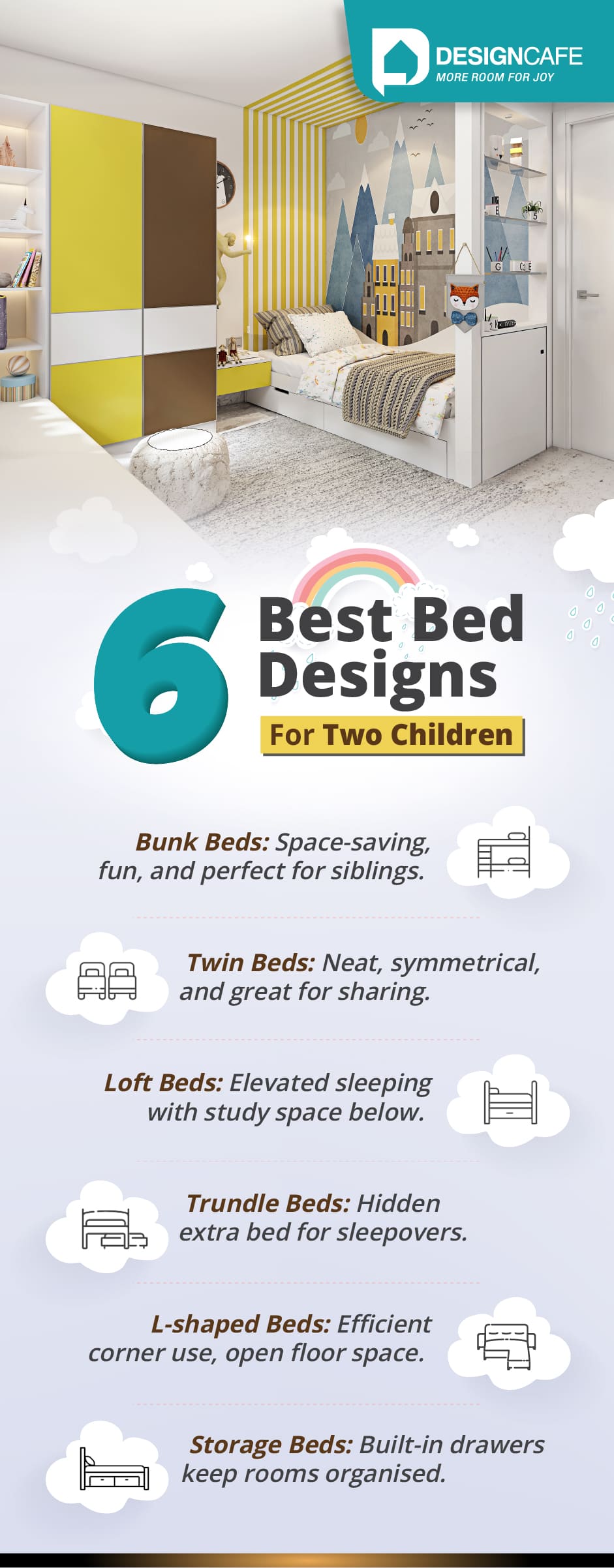 6 bed designs for 2 children: bunk, twin, loft, trundle, L-shaped, and storage beds