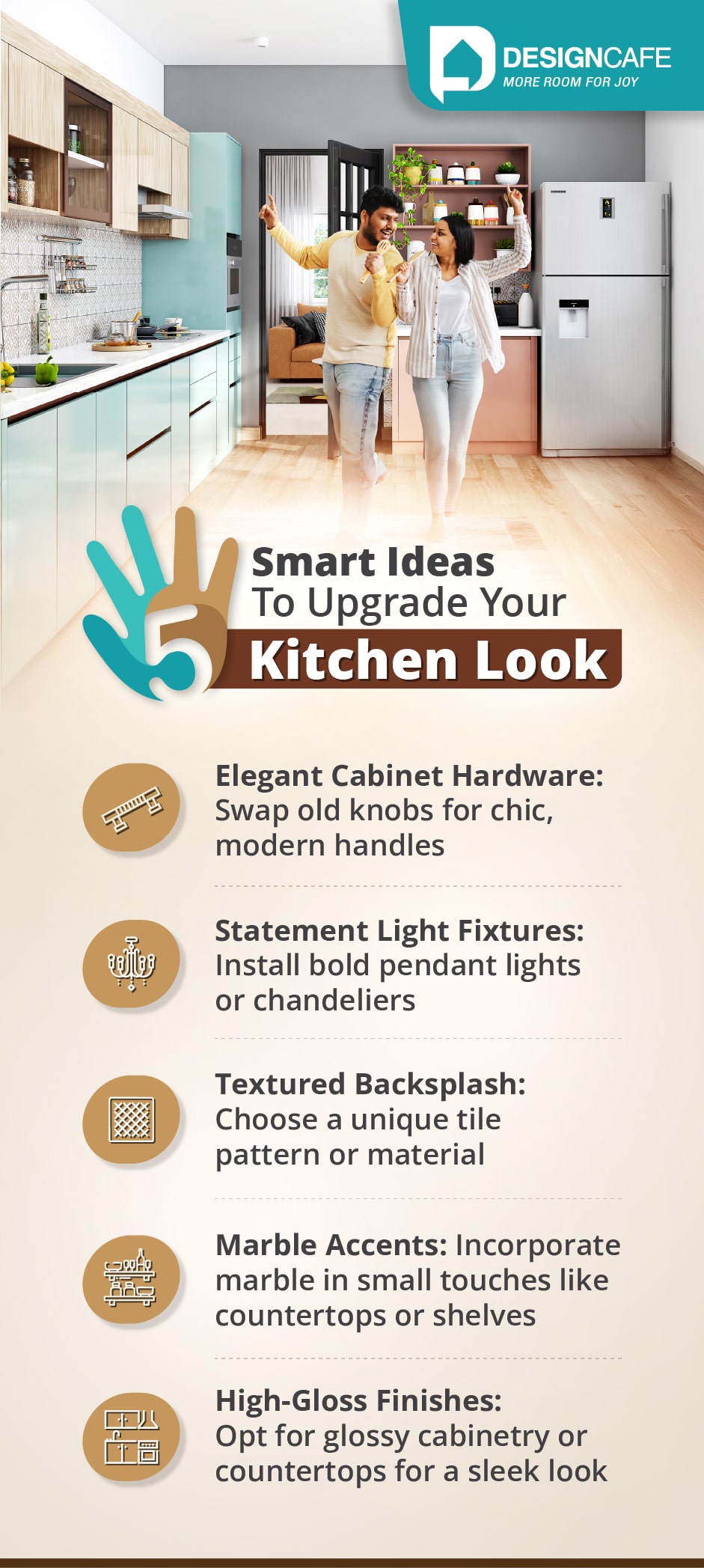 Upgrade your kitchen look with cabinet hardware, light fixtures, backsplash, marble & high-gloss finishes