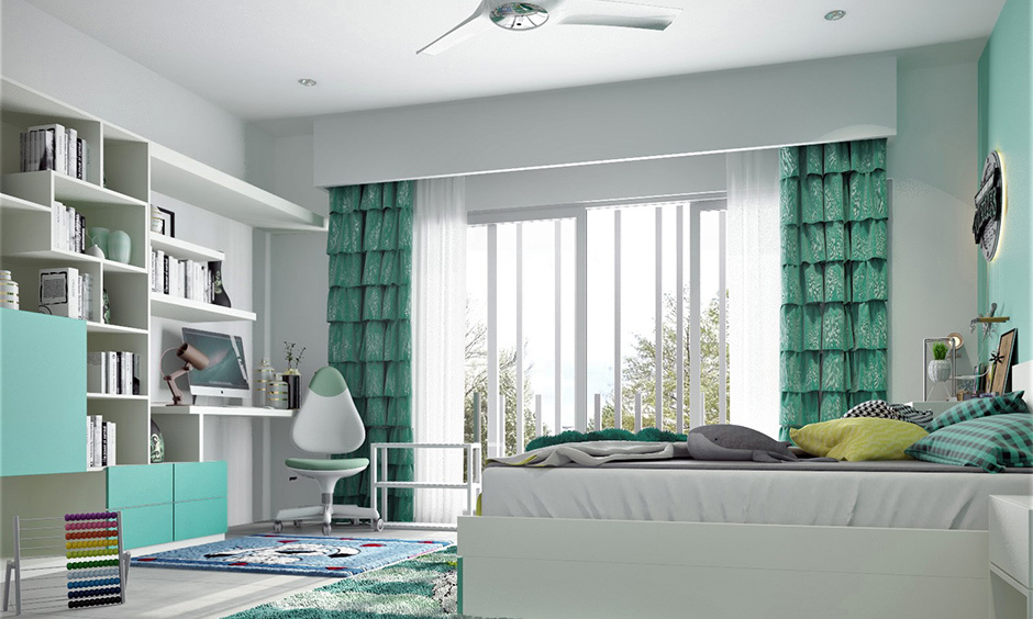 White and sea green colour combination for the room with ruffled curtains