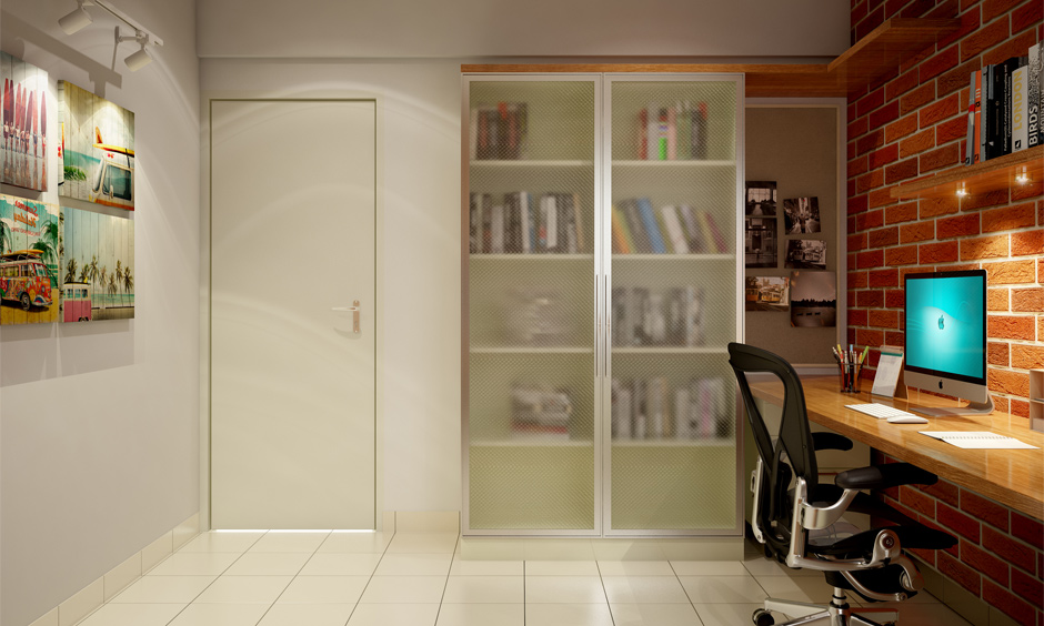 Book storage cupboard with translucent doors gives a partial view of the books stacked inside