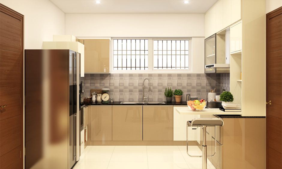 Modern u-shaped kitchen with brown lacquered glass cabinets