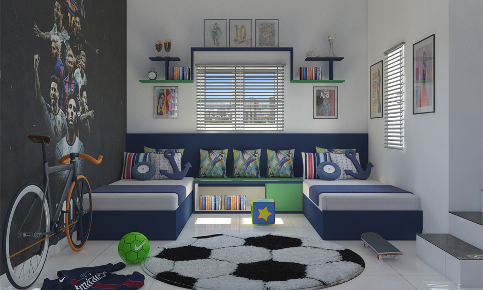 Children's book storage is cleverly placed between beds and under a window seat