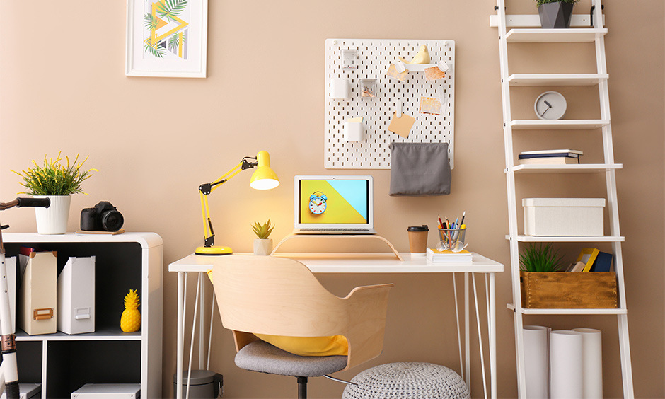 Small study room design in soft cream hues