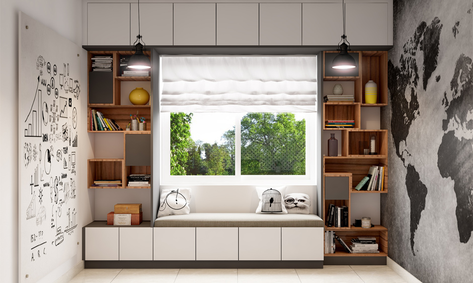Dual book storage furniture with a bay window bench is perfect for organizing books and provides a cosy seating area