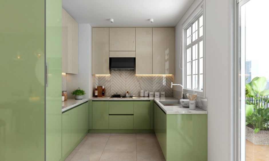 Easy simple kitchen design with a U-shaped layout and includes glossy finish cabinets