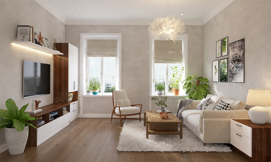 Japandi living room featuring wooden flooring, sleek lines, and organic forms