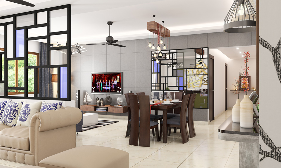 Modern partition glass wall design for living room combines frosted, tinted, and clear glass