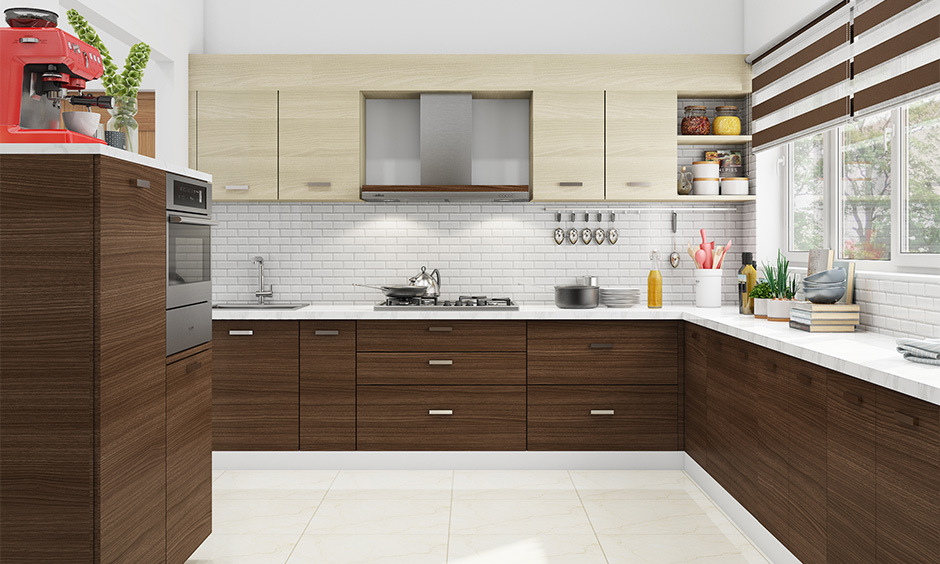 Simple kitchen cabinet design paired with white walls creates a timeless colour palette