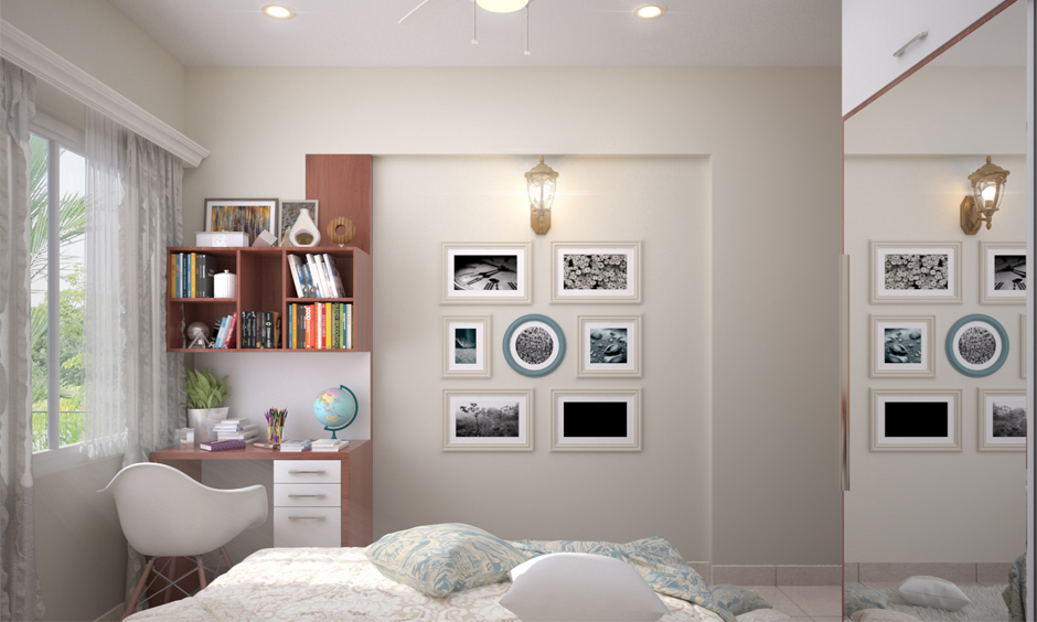 Study table with wall-mounted book storage: open sectional slots for easy access and organisation