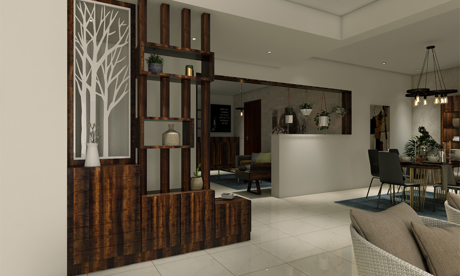 Create ultra-modern partition for living room with a Sheesham wood console and green plants