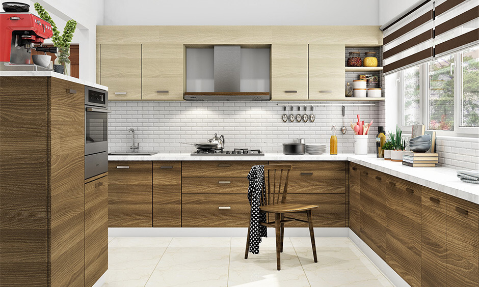 Cream and brown kitchen cabinet ideas with a tiled backsplash