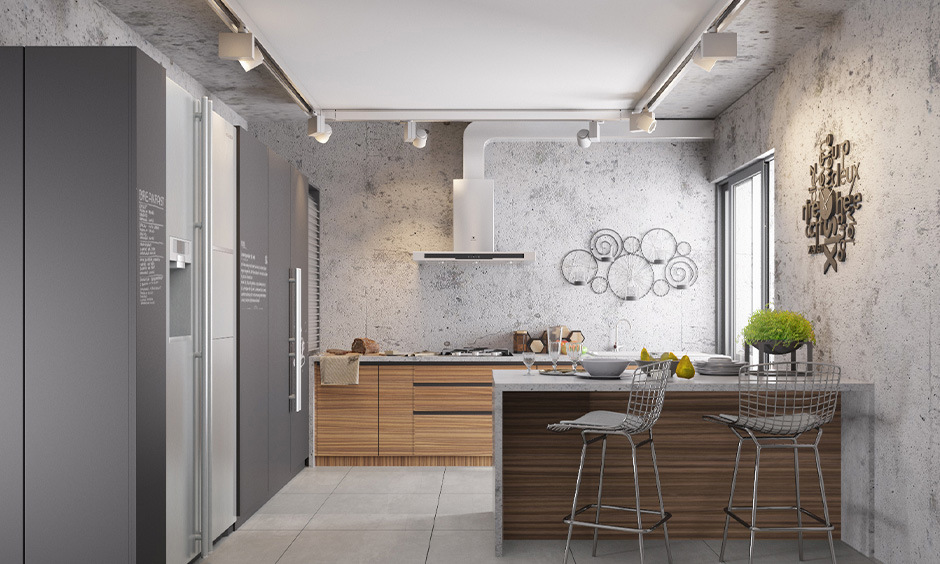 Kitchen floor design with ceramic tiles in neutral tones
