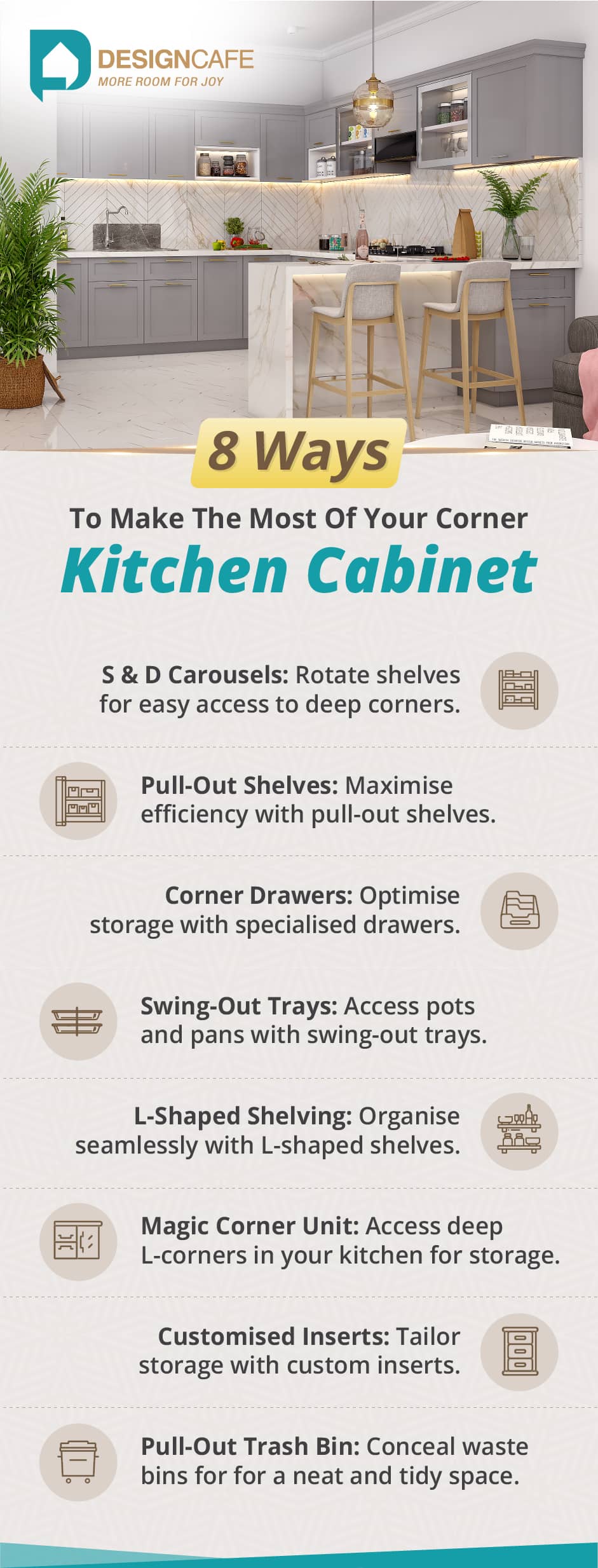 Corner kitchen cabinet with S&D carousels, pull-out shelves, drawers, swing-out trays & trash bin for optimized storage