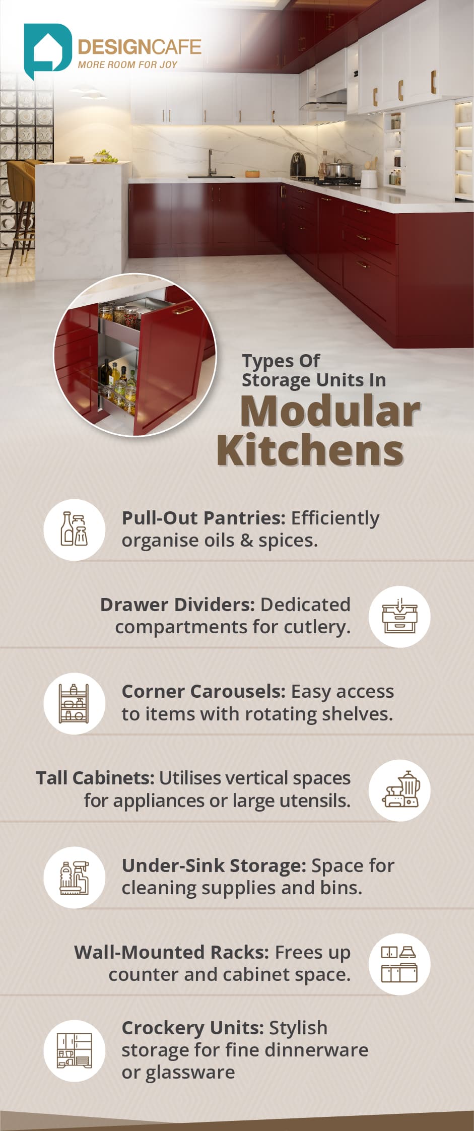 Modern kitchen with versatile storage solutions including pull-out drawers, corner carousels, tall cabinets & wall racks