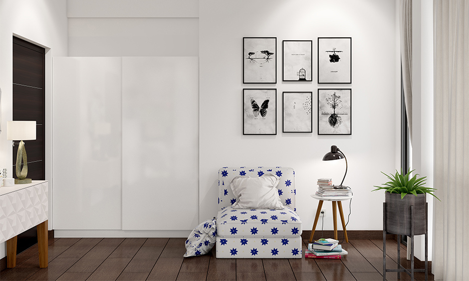 Printed bedroom sofa chair utilises the space without compromising the floor are