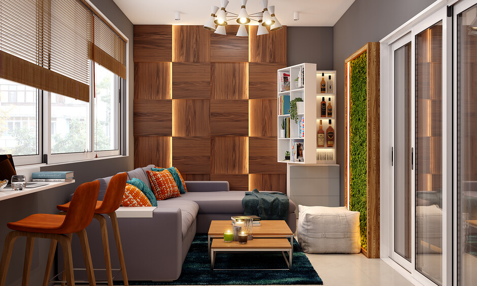 Balcony decorated with sagwan wood gallery wall