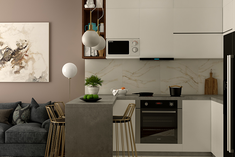 Small open kitchen design which creates a seamless flow between the kitchen and the rest of the space