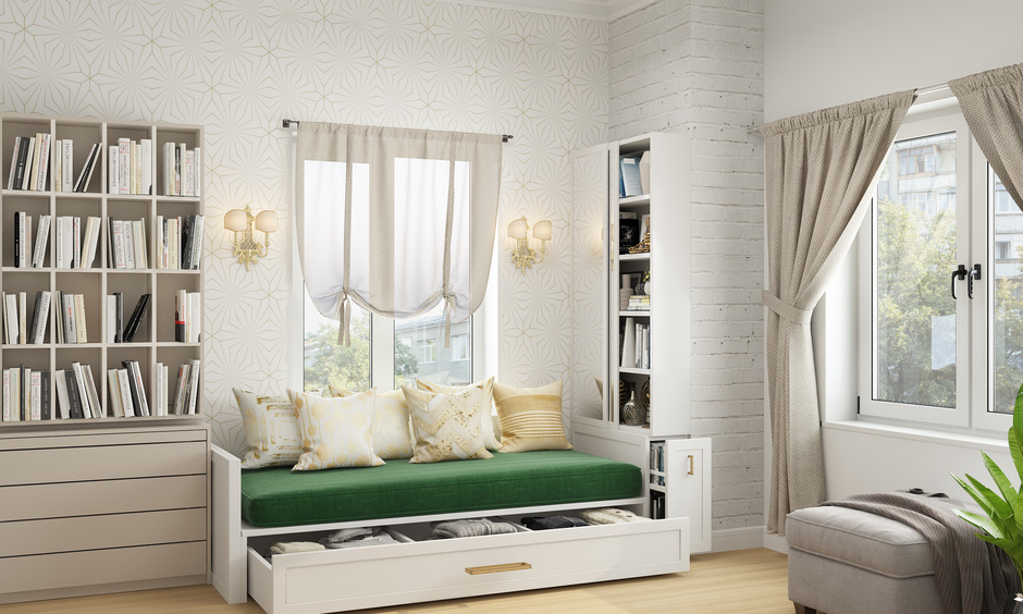White single sofa for the bedroom: a comfortable and stylish seating option that doubles as a daybed with storage