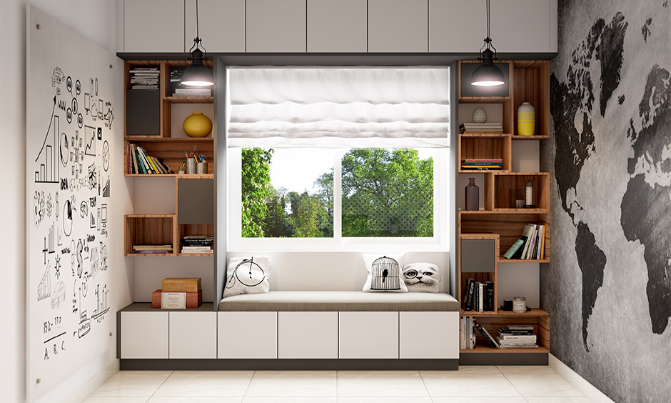 Bay window wooden bench with cushion incorporated matte-finish shutter units underneath