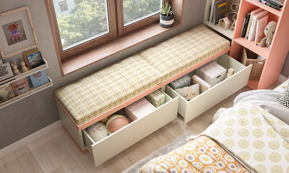 Bedroom bay window with a storage option for optimising the space