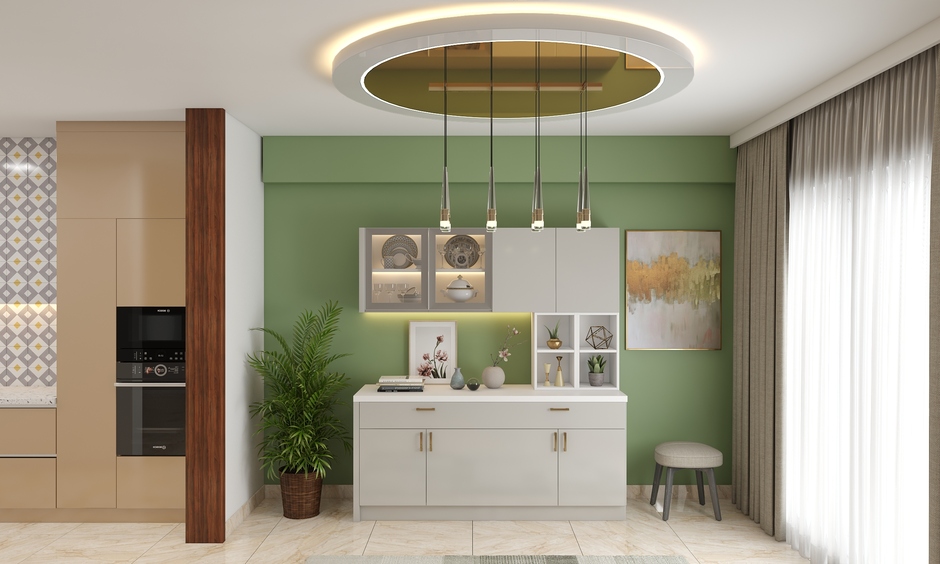 Circular false ceiling glass design in green kitchen look extraordinary
