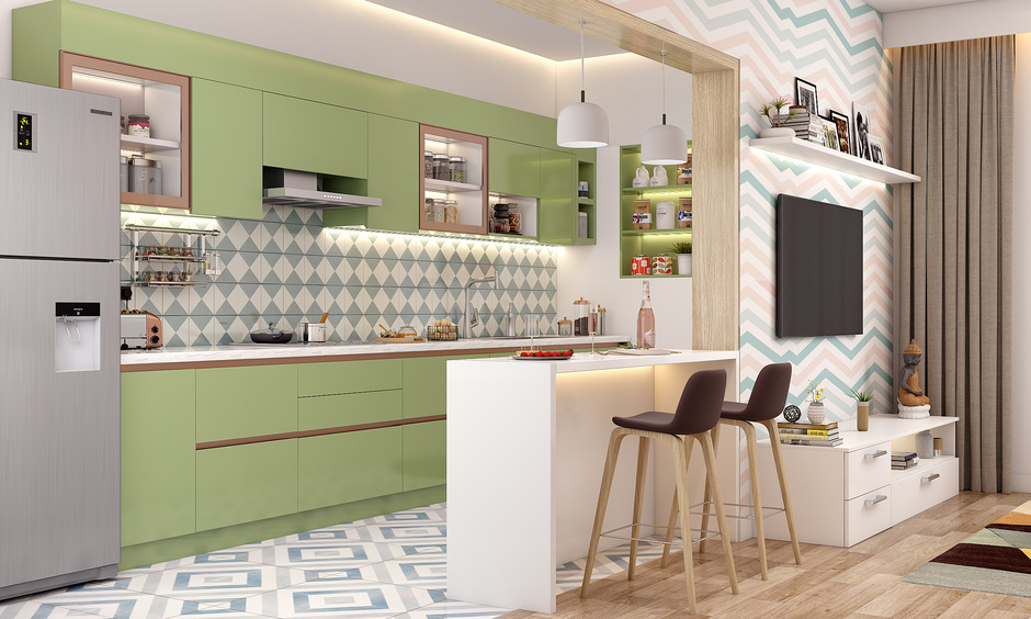 Concentric square mosaic flooring for the kitchen for a striking look