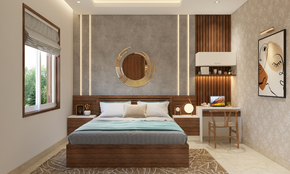 Bedroom mirror design for a small bedroom wall in gold finish