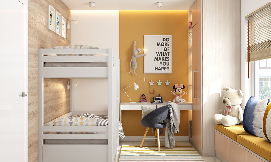Bedroom bay window seat which acts as a playful corner for kids