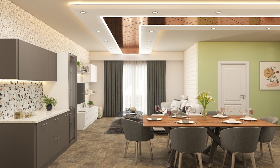 Dining room with L-shaped ceiling glass panel