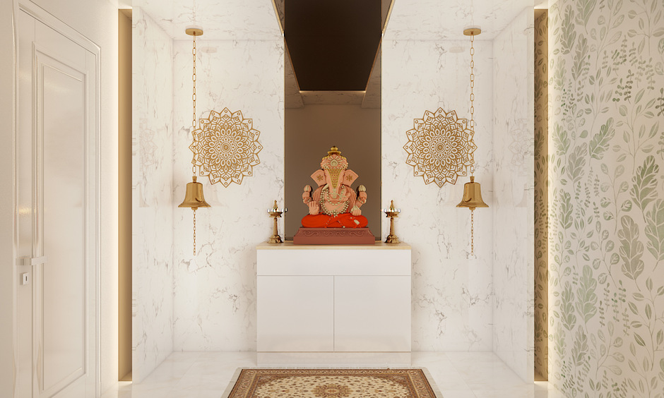Laminated panel-style acrylic glass false ceiling for pooja room