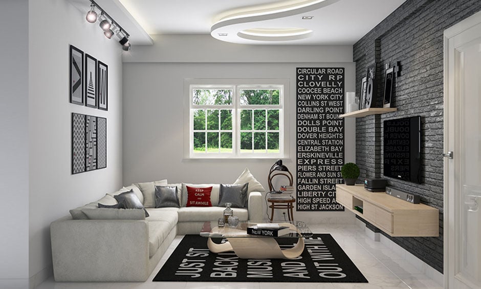 Elegant living room pop design featuring stylish curves
