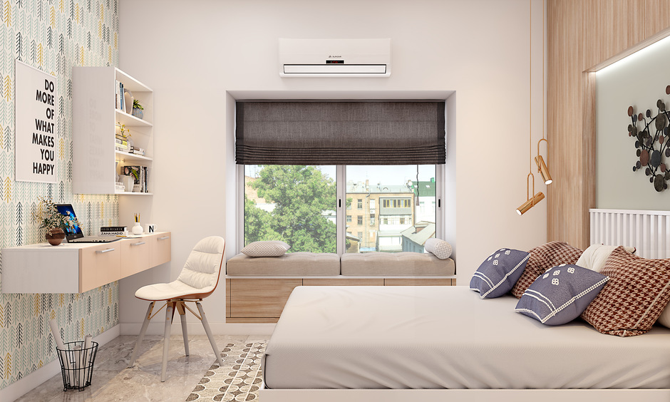Minimalist bedroom bay window personalised according to the person’s style