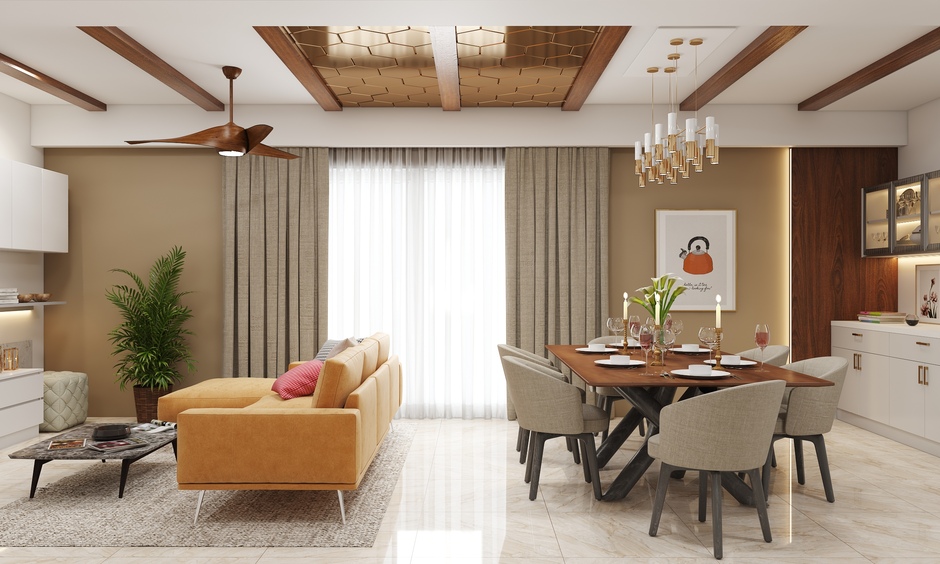 Two-panelled glass ceiling design in open living cum dining room