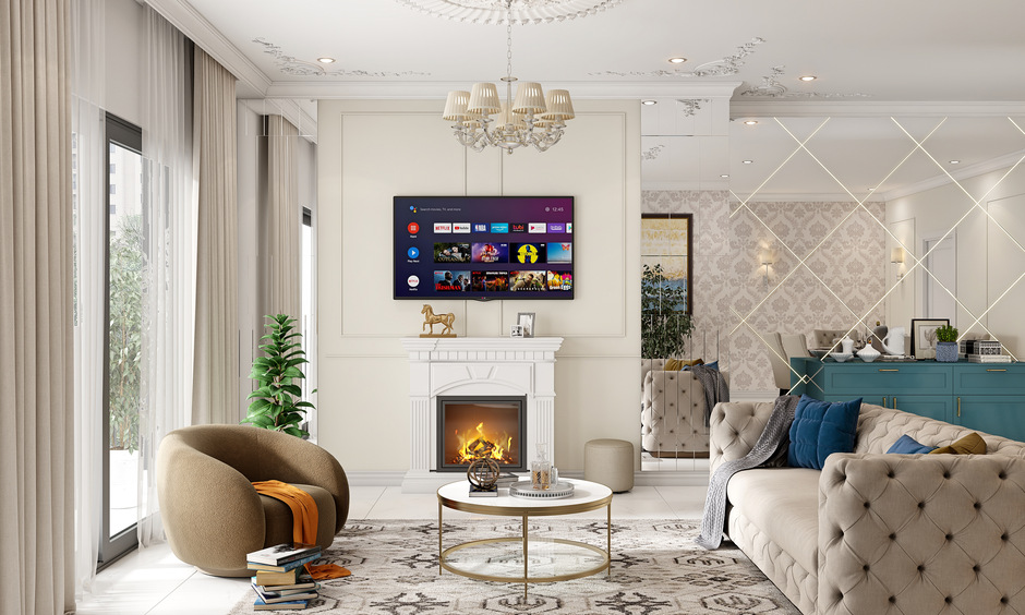 Living room's white and ivory colour paint combination showcases an artistic marvel