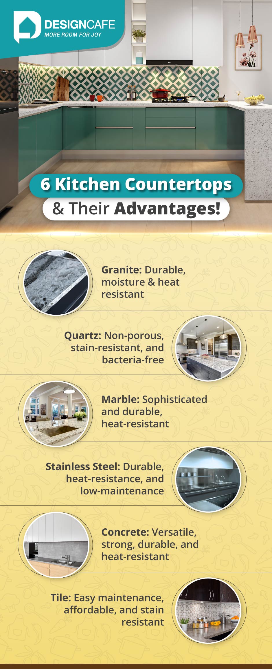 Kitchen's granite, quartz, marble, stainless steel, concrete and tile countertops advantages