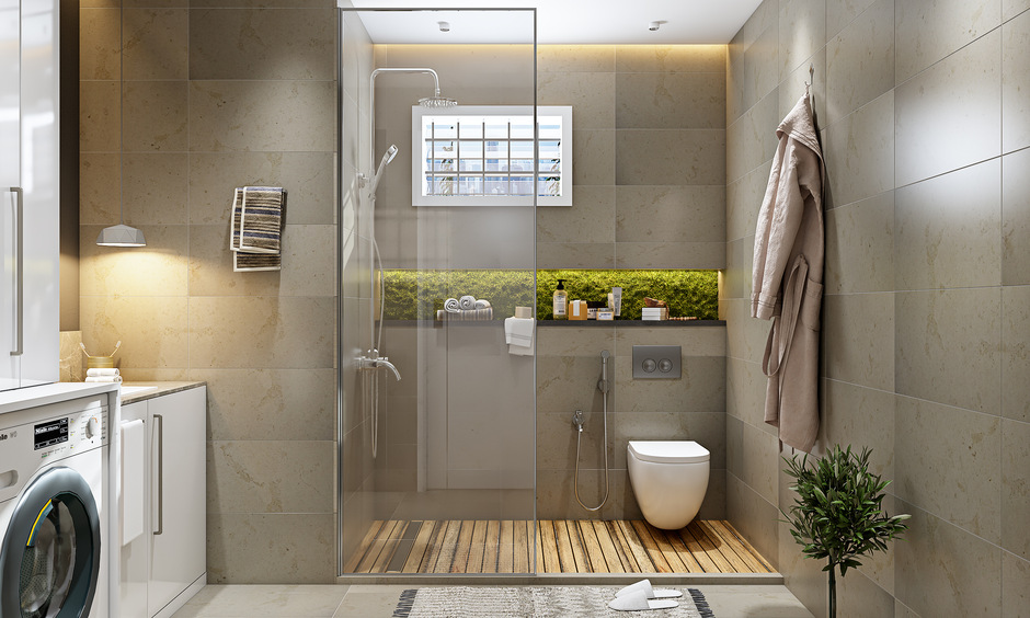 Modern bathroom with artificial grass wall, creating a refreshing and natural ambience