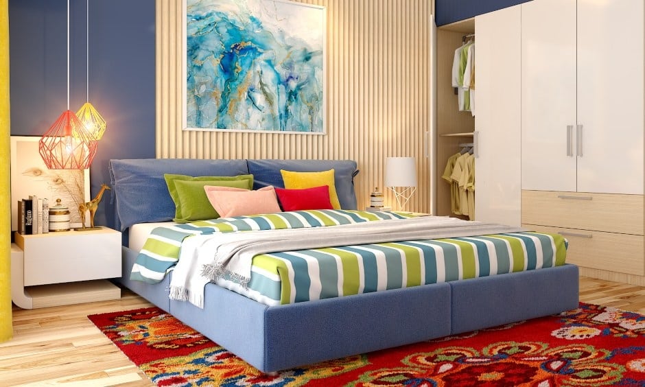 Bedroom's side table decor idea with a jar, modern sculpture, and bold painting canvas creates an artistic ambience