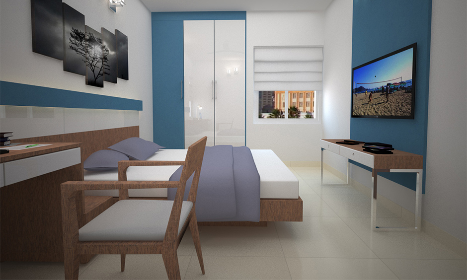 Bedroom's off-white terrazzo tiles blend with the walls and furniture, enhancing aesthetics
