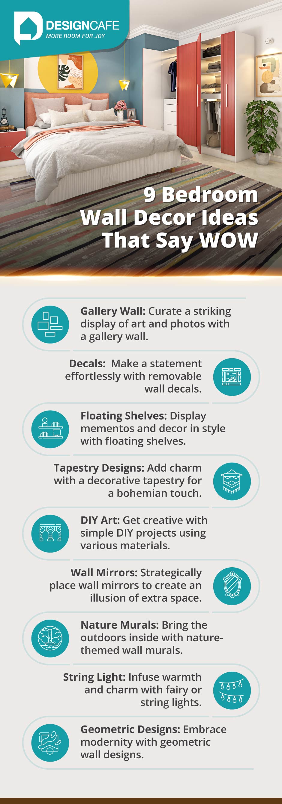 Bedroom wall decor ideas including gallery wall, decals, tapestry designs, DIY art, and more for a creative interior design