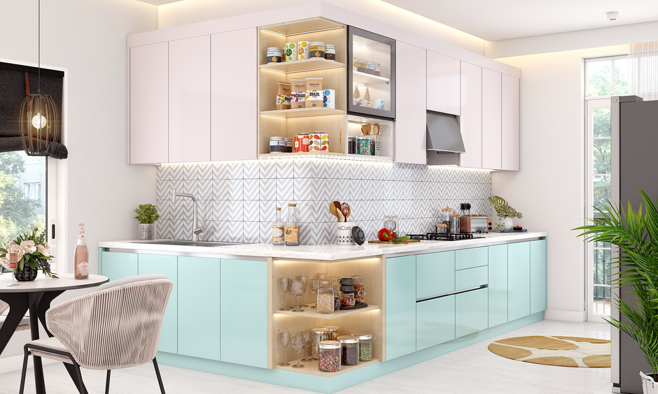 Inverted l-shaped small kitchen design featuring stylish chevron-inspired backsplash