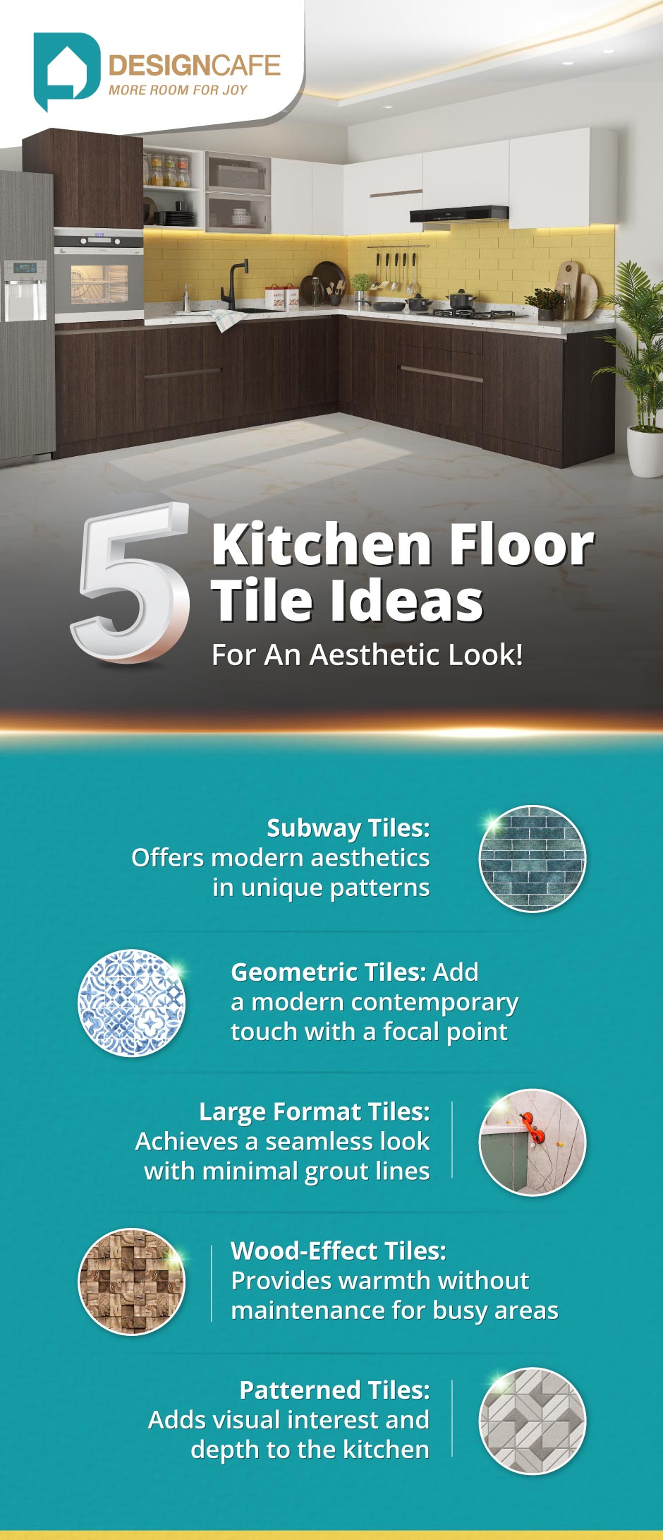 Kitchen floor tile ideas: Subway, geometric, large format, wood-effect, and patterned tiles for aesthetic appeal.