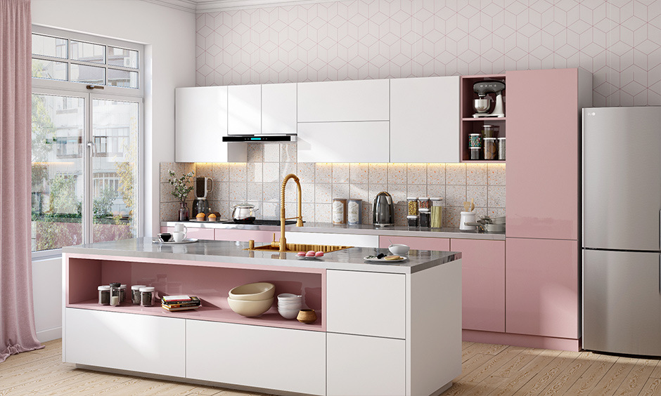Kitchen island with drawers and seating in a stylish gold accent