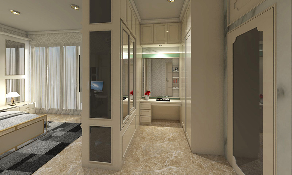 Small walk-in closet design layout with neutral colour, hardware-free cabinets, and floating shelves offers ample storage